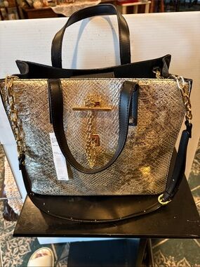 Antonio Melani Gold Snake-Embossed Tote Bag with Black Trim with gold chain